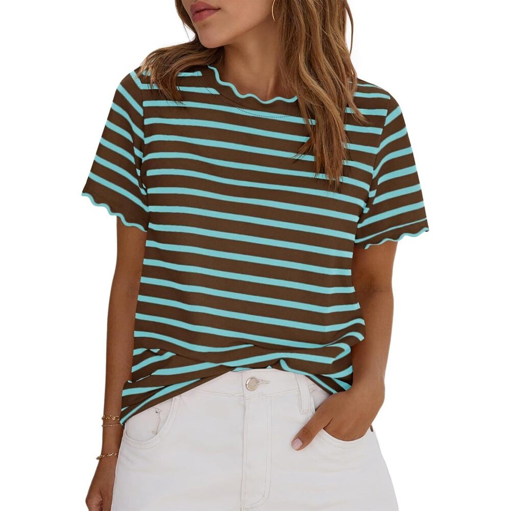 Womens Short Sleeve Striped Tshirts Summer Color Block Scalloped Tops